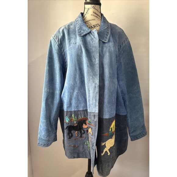The Quacker Factory Suede Leather Coat Embroidered Western Horses Jacket-Size 3X - Picture 1 of 8